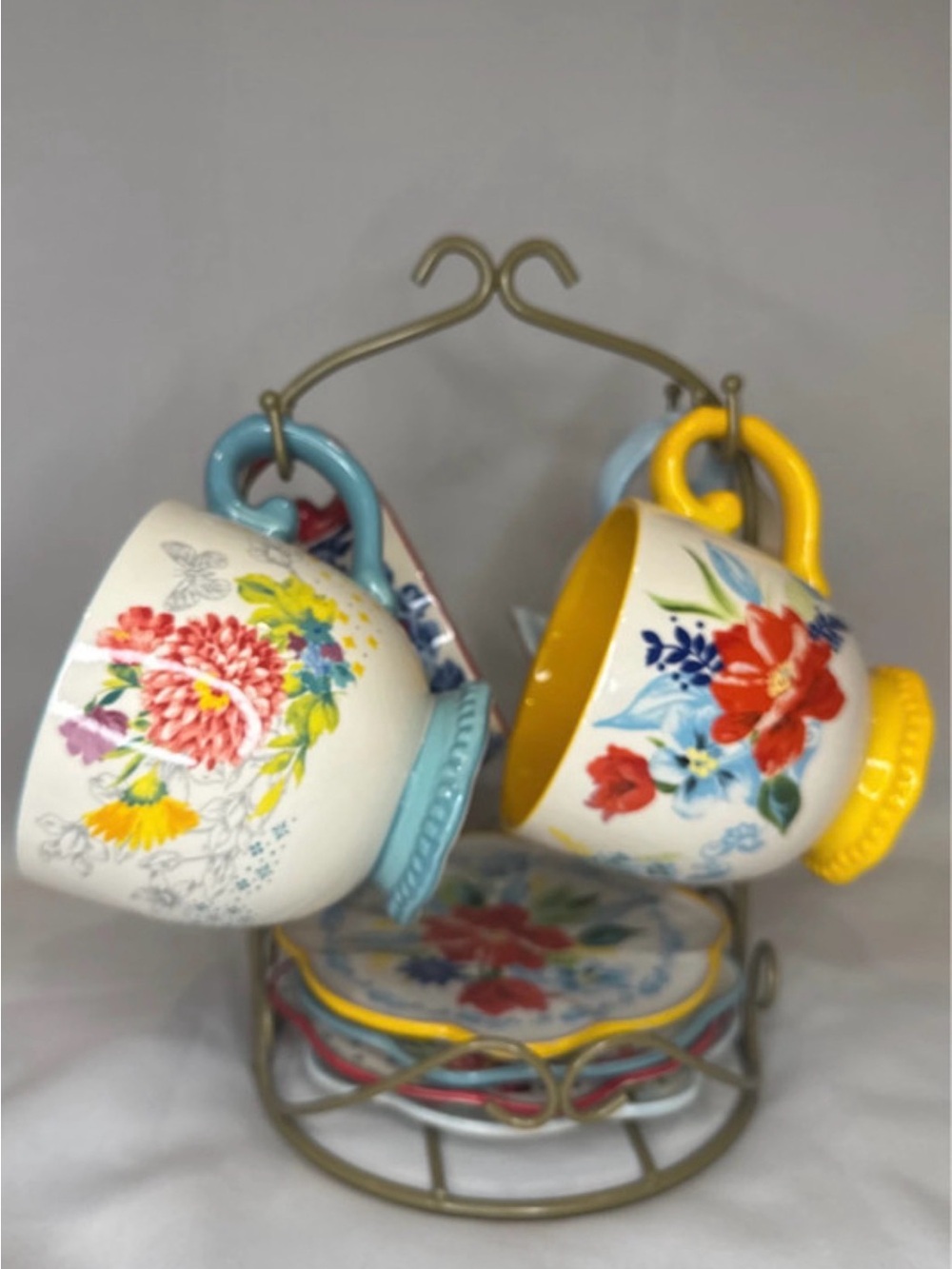 The Pioneer Woman Floral Ceramic Mug Set with Yellow & Blue Handles